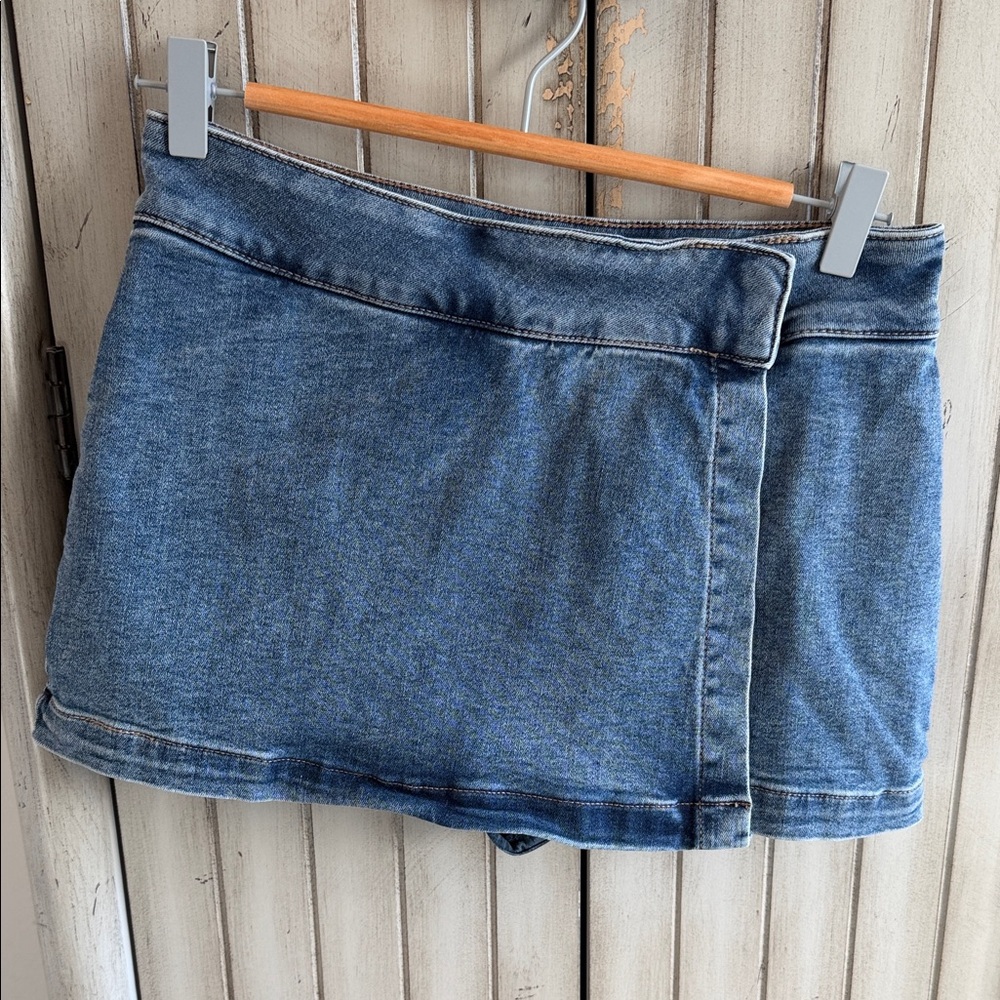 Garage Blue Denim Wrap Mini Skirt